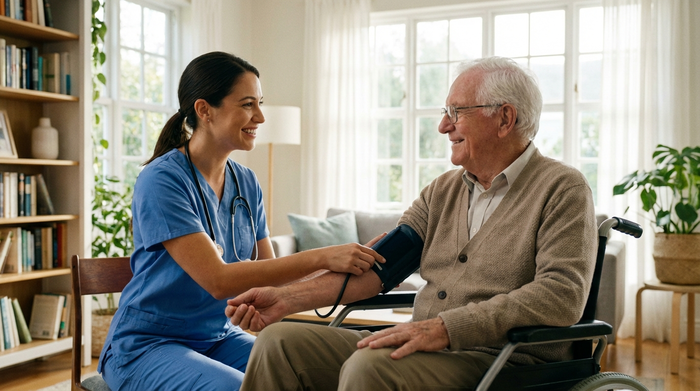 Eine professionelle Pflegekraft misst sanft den Blutdruck eines älteren Herrn im Rollstuhl in einem hellen Wohnzimmer. Beide lächeln sich freundlich an. Die Szene wirkt professionell und beruhigend, weiches Tageslicht fällt durch das Fenster.
