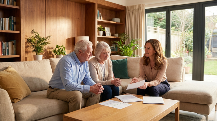 Ein älteres Ehepaar sitzt gemeinsam mit einer Beraterin auf dem Sofa und betrachtet aufmerksam Dokumente. Die Beraterin erklärt ruhig und freundlich die Details. Die Umgebung ist ein gepflegtes, modernes Wohnzimmer mit warmen Holztönen.