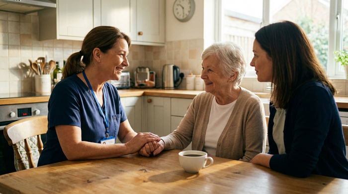 Eine erfahrene Pflegedienstleitung im Gespräch mit einer Seniorin und deren Tochter am Küchentisch. Eine Tasse Kaffee steht auf dem Tisch. Die Stimmung ist aufgeschlossen, vertrauensvoll und empathisch.