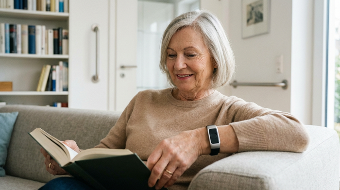 Ein moderner, unauffälliger Hausnotruf-Knopf am Handgelenk einer älteren Person, die entspannt auf einer Couch sitzt und ein Buch liest. Im Hintergrund eine aufgeräumte, sichere Wohnumgebung mit guten Lichtverhältnissen.