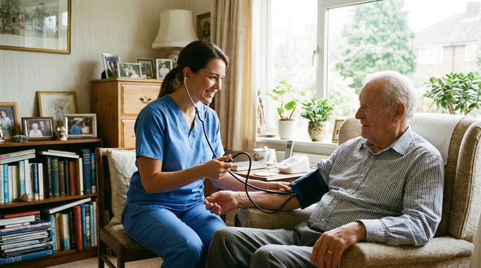 Eine professionelle Pflegekraft in blauer Kasack-Kleidung misst den Blutdruck eines älteren Herrn in seinem Wohnzimmer. Helles Licht, medizinische Routine, vertrauensvolle Stimmung, realistisch.