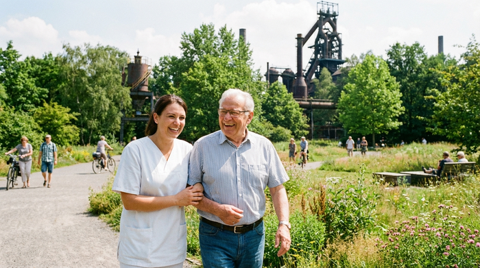 Eine Betreuungskraft und ein Senior spazieren gemeinsam lachend durch einen grünen Park in Duisburg. Sonniges Wetter, entspannte Atmosphäre, alltägliche Begleitung, keine Schriften.