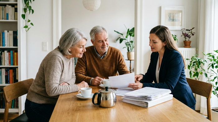 Ein älteres Ehepaar sitzt gemeinsam mit einer Beraterin am Esstisch und bespricht Dokumente. Ernsthafte aber positive Grundstimmung, aufgeräumtes Zimmer, Kaffeetassen auf dem Tisch, realistisch.