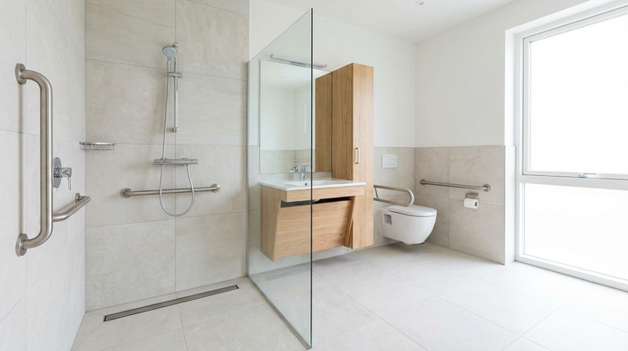Ein modernes, barrierefreies Badezimmer mit einer ebenerdigen Dusche und Haltegriffen. Hell gefliest, sicher, sauber, ohne Text oder Labels.