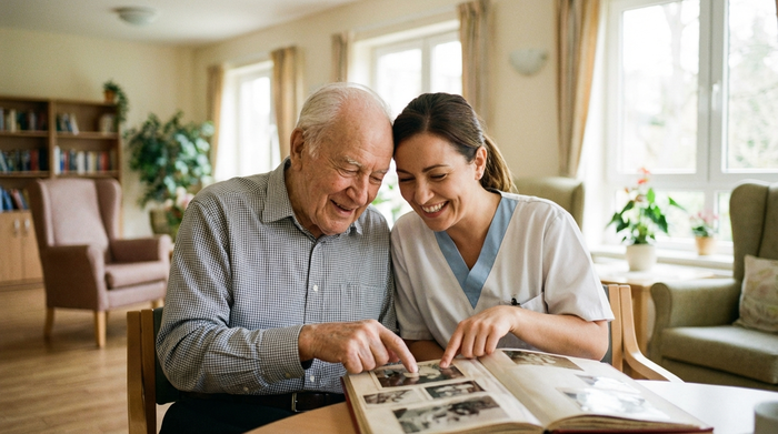 Ein älterer Herr und eine Pflegekraft betrachten gemeinsam ein Fotoalbum in einem hellen Aufenthaltsraum. Beide lächeln entspannt. Im Hintergrund weiche Unschärfe mit gemütlichen Möbeln.