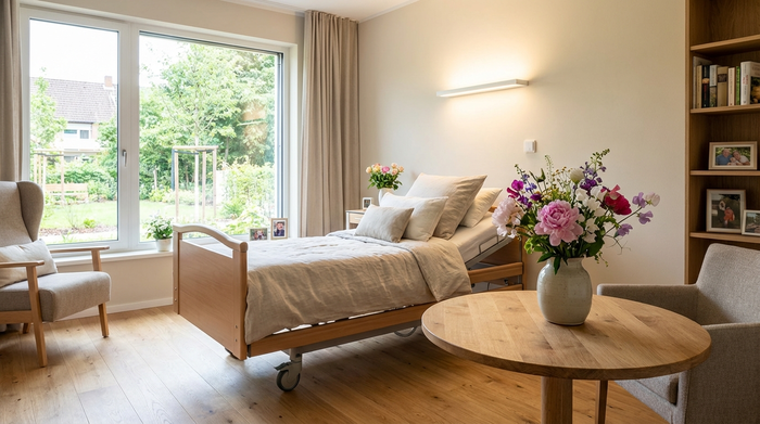 Ein modern eingerichtetes, helles Pflegeheimzimmer mit einem komfortablen Bett, einem kleinen Holztisch und frischen Blumen in einer Vase. Einladende und saubere Umgebung.