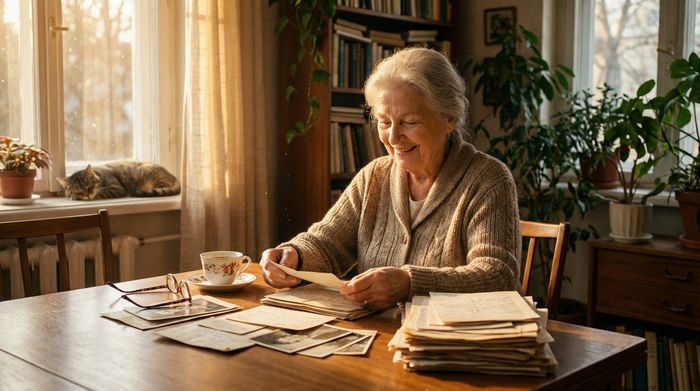 Eine lächelnde Seniorin sitzt am Tisch und sortiert entspannt einige Dokumente. Ein sanftes Licht fällt durch das Fenster und erzeugt eine beruhigende Stimmung.