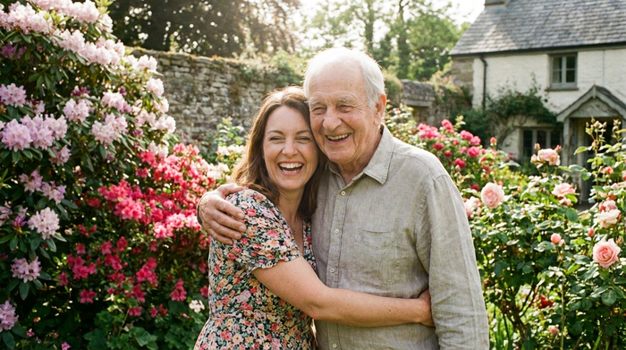 Eine erwachsene Tochter umarmt ihren älteren Vater herzlich im Garten. Beide wirken glücklich und unbeschwert. Im Hintergrund blühende Sträucher an einem sonnigen Tag.