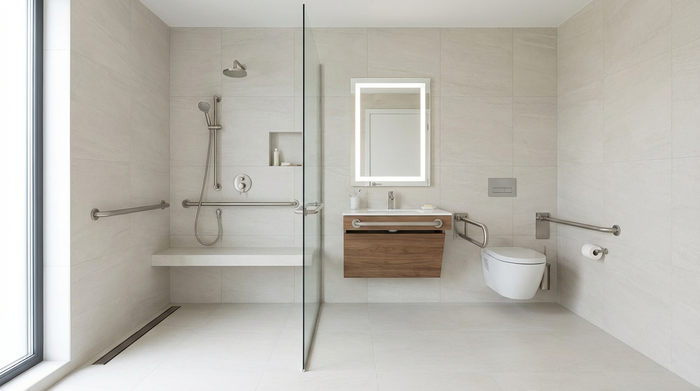 Ein modernes, barrierefreies Badezimmer mit einer großzügigen, ebenerdigen Dusche, eleganten Haltegriffen und hellen Fliesen. Sauber, sicher und stilvoll eingerichtet ohne störende Schwellen.