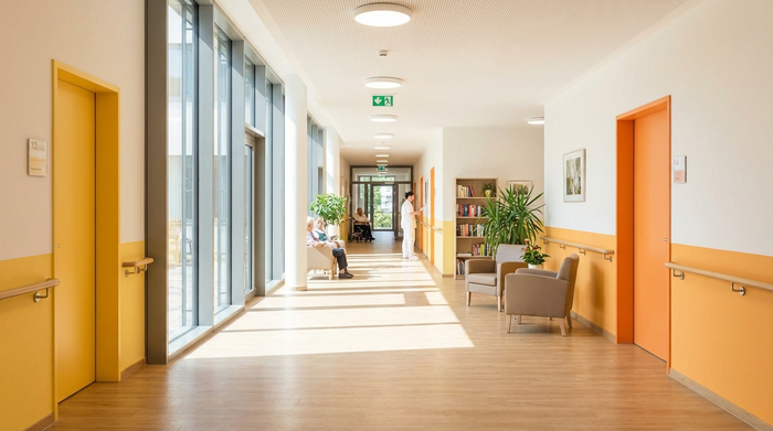 Ein breiter, heller Flur in einer modernen Pflegeeinrichtung mit farblich abgesetzten Handläufen und Türen in warmen Gelb- und Orangetönen. Tageslicht strömt durch große Fenster, gemütliche Sitzgelegenheiten am Rand, fotorealistisch.