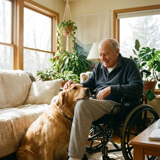 Ein freundlicher Golden Retriever legt seinen Kopf sanft auf den Schoß eines lächelnden älteren Herrn im Rollstuhl. Helle, freundliche Umgebung, empathische Szene.