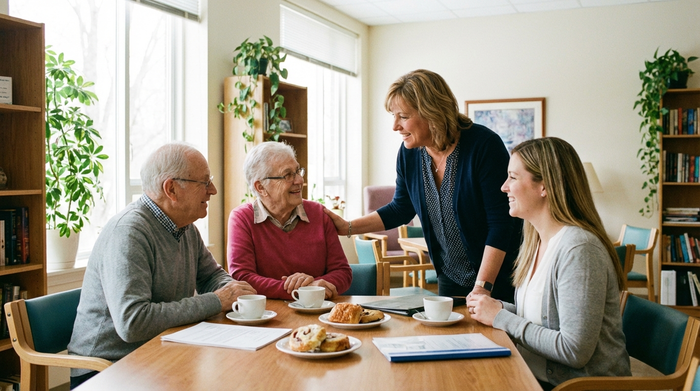 Angehörige und eine freundliche Einrichtungsleiterin sitzen gemeinsam bei einer Tasse Kaffee in einem hellen Gemeinschaftsraum und besprechen Dokumente. Vertrauensvolle Atmosphäre, natürliches Licht.