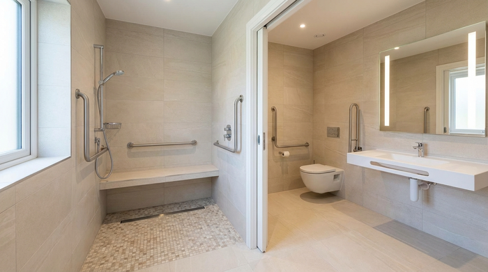 Ein modern umgebautes, barrierefreies Badezimmer mit einer großzügigen, bodengleichen Dusche und stabilen Haltegriffen. Hell gefliest, sicher und funktional, ohne Text.