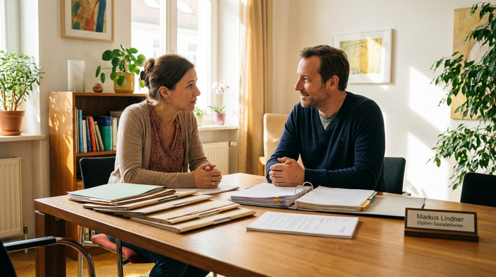 Ein professioneller Sozialarbeiter in einem hellen Büro spricht empathisch mit einer besorgten Angehörigen. Auf dem Tisch liegen ordentlich sortierte Dokumente. Beide wirken konzentriert und lösungsorientiert. Warme, vertrauensvolle Atmosphäre.