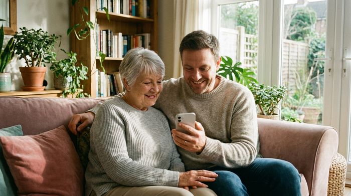 Eine ältere Frau und ihr Sohn sitzen gemütlich auf einem Sofa und schauen gemeinsam auf ein modernes Smartphone. Sie wirken erleichtert und entspannt. Helles Wohnzimmer mit Zimmerpflanzen im Hintergrund.