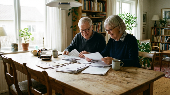 Ein älteres Ehepaar sitzt am Esstisch und geht gemeinsam Papiere durch. Eine Tasse Kaffee steht daneben. Sie wirken ruhig und gut organisiert, das sanfte Tageslicht beleuchtet die Szene.