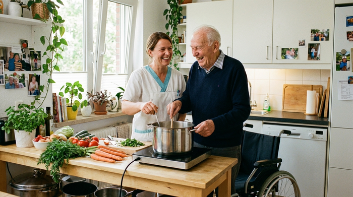 Eine freundliche Betreuungskraft lacht gemeinsam mit einem Senior beim Kochen in einer gemütlichen, barrierefreien Küche. Frisches Gemüse liegt auf der Arbeitsfläche. Herzliche und familiäre Stimmung.