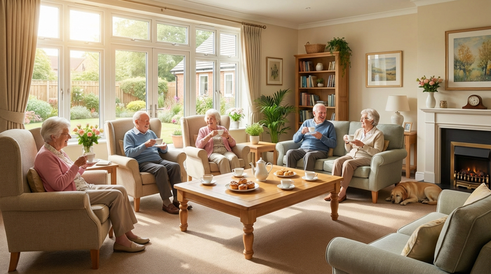 Ein heller, freundlicher Gemeinschaftsraum in einer Pflegeeinrichtung. Senioren sitzen entspannt zusammen, trinken Tee und unterhalten sich. Große Fenster, gemütliche Sessel und eine einladende, saubere Umgebung.