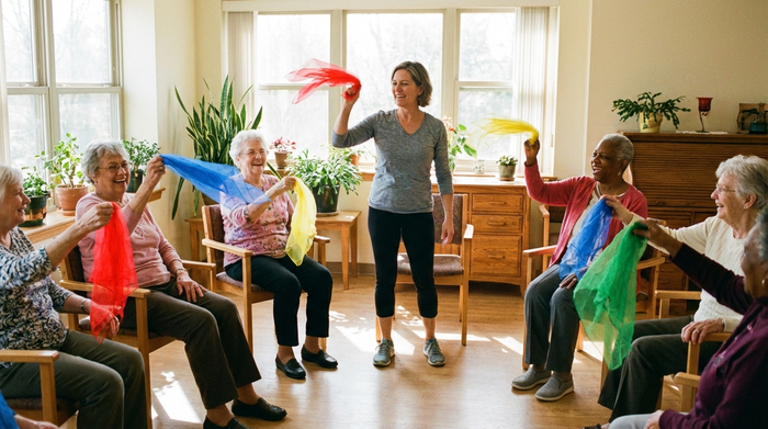 Eine Gruppe fröhlicher Senioren sitzt in einem hellen Raum im Kreis und macht leichte Sitzgymnastik mit bunten Tüchern. Eine motivierte Betreuerin macht die Übungen vor. Natürliches Licht, gemütliche Atmosphäre, keine Texte im Bild.