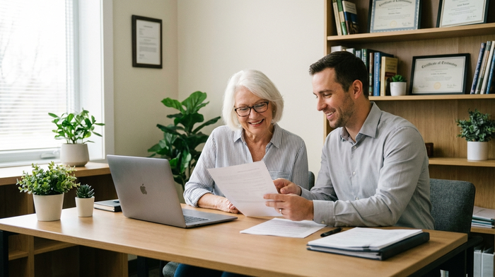 Eine ältere Dame und ein lächelnder Berater sitzen an einem aufgeräumten Schreibtisch. Der Berater zeigt auf ein Dokument, während die Dame erleichtert lächelt. Professionelle, vertrauensvolle Büroatmosphäre, weiches Licht.