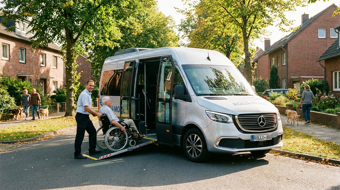 Ein moderner, rollstuhlgerechter Kleinbus parkt an einer sonnigen Straße in einem Wohngebiet. Ein freundlicher Fahrer hilft einem Senior geduldig beim Einstieg in das Fahrzeug. Grüne Bäume im Hintergrund, klare Alltagsszene.