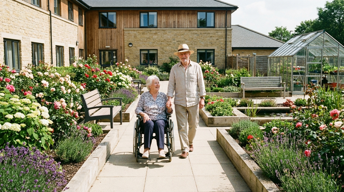 Ein liebevoll angelegter, barrierefreier Garten einer Pflegeeinrichtung. Zwei Senioren spazieren entspannt auf einem gepflasterten Weg zwischen blühenden Blumenbeeten. Sonniges Wetter, friedliche und harmonische Stimmung.