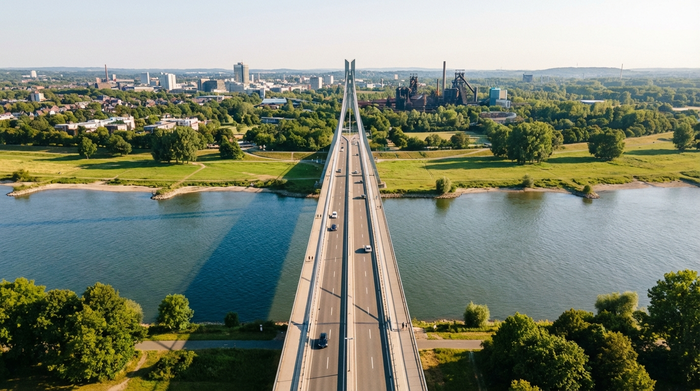 Ein Blick aus der Vogelperspektive auf eine moderne Brücke über den Rhein in Duisburg an einem sonnigen Tag. Ruhiger Verkehr, umgeben von grünen Uferlandschaften und städtischer Architektur im Hintergrund. Realistisch, hell und friedlich.