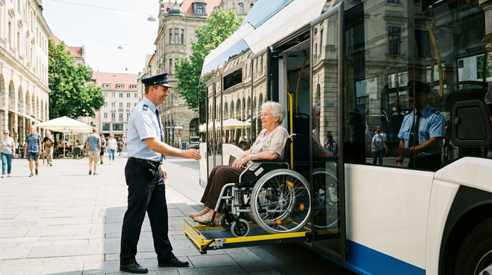 Ein professioneller Fahrer bedient aufmerksam die hydraulische Hebebühne eines modernen Transportbusses, um eine ältere Dame im Rollstuhl sicher in das Fahrzeug zu heben. Beide lächeln entspannt. Helles Tageslicht, städtische Umgebung, keine Schriften im Bild.