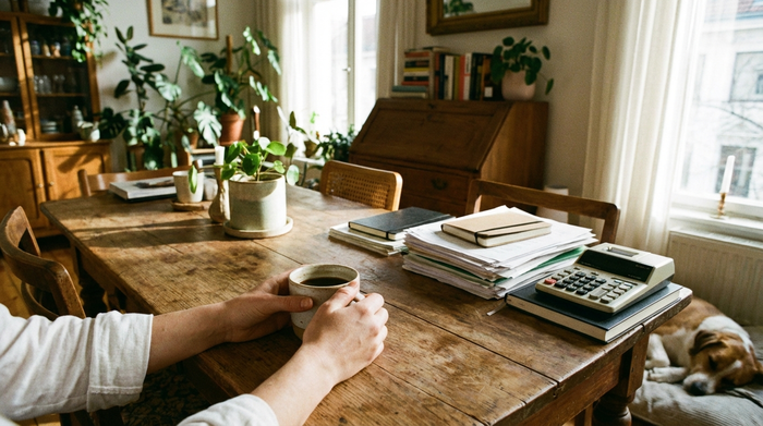 Zwei Hände halten behutsam eine Kaffeetasse an einem Holztisch, daneben liegen ordentlich sortierte Dokumente und ein Taschenrechner. Eine entspannte, beruhigende Atmosphäre in einem gemütlich eingerichteten, sonnendurchfluteten Esszimmer.