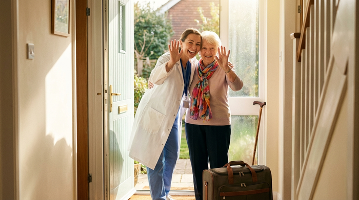 Eine freundliche Pflegekraft im weißen Kittel verabschiedet sich an der geöffneten Haustür herzlich von einer zufriedenen Seniorin. Die Sonne scheint in den hellen Flur, eine gepackte Tasche steht bereit.