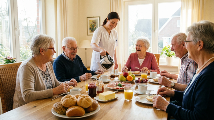 Eine Gruppe fröhlicher Senioren sitzt an einem großzügig gedeckten Frühstückstisch in einem hellen Raum. Frische Brötchen und Kaffeetassen stehen auf dem Tisch. Eine Pflegekraft gießt Kaffee ein. Realistische, harmonische Szene, keine Schriftzüge.