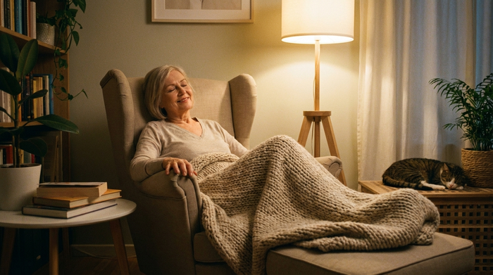 Eine entspannte ältere Dame ruht sich in einem bequemen Liegesessel in einem ruhigen, sanft beleuchteten Raum aus. Eine kuschelige Decke liegt über ihren Beinen. Friedliche und sichere Atmosphäre, realistisch, keine Schrift.