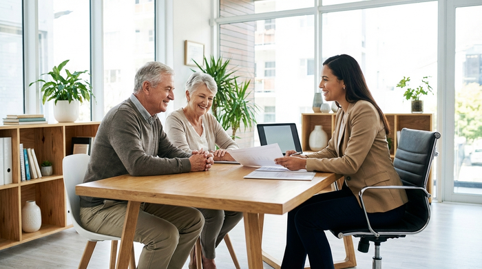 Ein älteres Ehepaar sitzt mit einer freundlichen Beraterin an einem Schreibtisch. Sie besprechen Dokumente in einer hellen Büroatmosphäre. Seriös, vertrauenserweckend, realistisch, keine lesbaren Texte oder Diagramme.