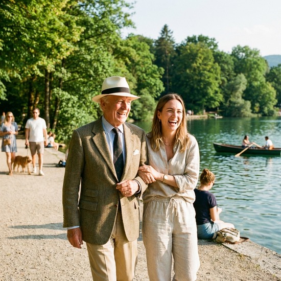 Ein gepflegter älterer Herr und eine jüngere Alltagsbegleiterin spazieren gemeinsam lachend an einem sonnigen Tag an einem See entlang. Im Hintergrund grüne Bäume und klares Wasser, entspannte Stimmung.