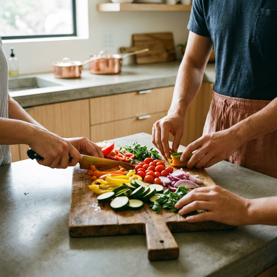 Eine detailreiche Nahaufnahme von zwei Händen, die gemeinsam frisches Gemüse auf einem Holzbrett in einer hellen, modernen Küche schneiden. Fokus auf das gemeinsame Zubereiten einer gesunden Mahlzeit.