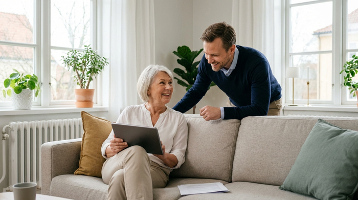 Eine entspannte Seniorin sitzt mit einem Tablet auf einem komfortablen Sofa und bespricht lächelnd etwas mit einem freundlichen Berater. Helle, aufgeräumte Wohnumgebung, keine sichtbaren Dokumententexte.