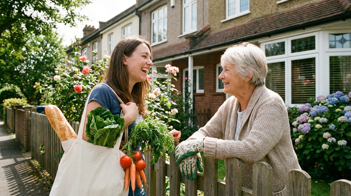 Zwei Frauen unterschiedlichen Alters stehen plaudernd am Gartenzaun eines gepflegten Reihenhauses. Die jüngere Frau trägt eine Einkaufstasche mit frischem Baguette und Gemüse, herzliche und nachbarschaftliche Atmosphäre.