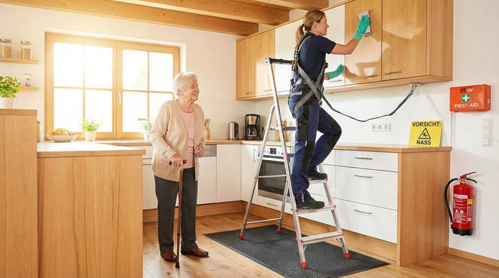 Eine ältere Dame steht sicher auf dem Boden, während eine professionelle Haushaltshilfe auf einer kleinen Trittleiter die oberen Küchenschränke reinigt. Helle Küche, Fokus auf Sicherheit und Unfallprävention.