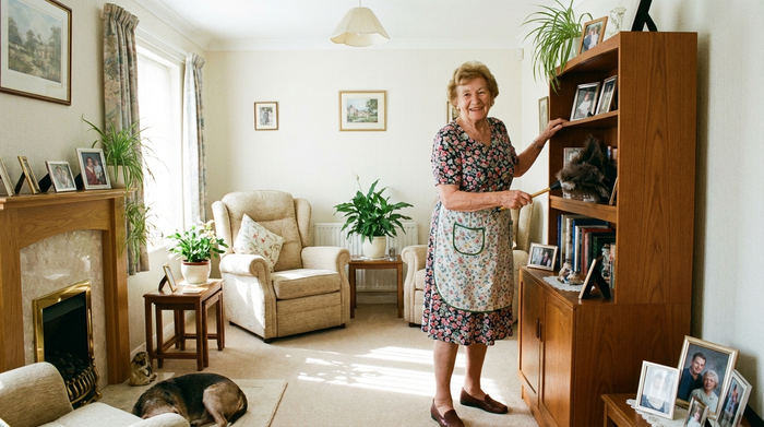 Eine rüstige ältere Dame wischt entspannt mit einem Staubwedel über ein Holzregal in einem sauberen, aufgeräumten Wohnzimmer.