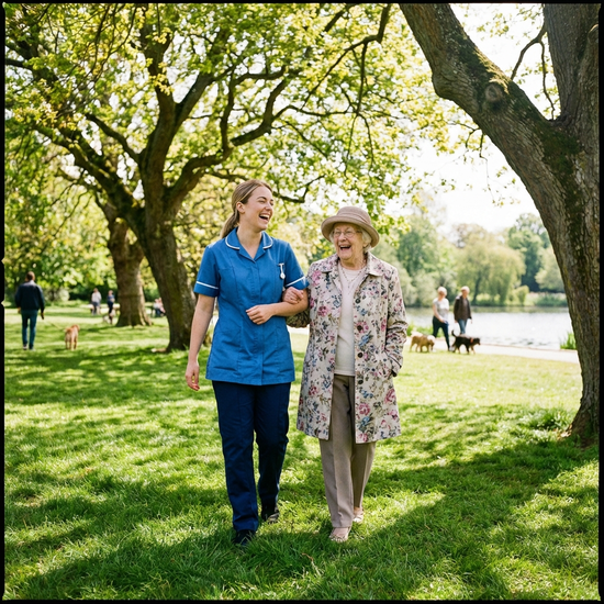 Eine junge Pflegekraft und eine Seniorin spazieren fröhlich Arm in Arm durch einen grünen Park an einem sonnigen Tag.