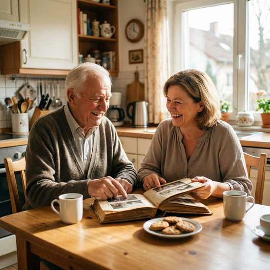 Ein Senior und eine Alltagsbegleiterin sitzen am Küchentisch und schauen sich gemeinsam alte Fotoalben an, beide lächeln herzlich.