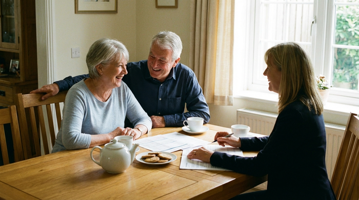 Ein älteres Ehepaar sitzt mit einer Beraterin am Esstisch, sie besprechen entspannt Dokumente bei einer Tasse Tee.