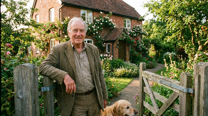 Ein sympathischer älterer Herr steht lächelnd und entspannt im Vorgarten vor einem typischen Backsteinhaus im Grünen.