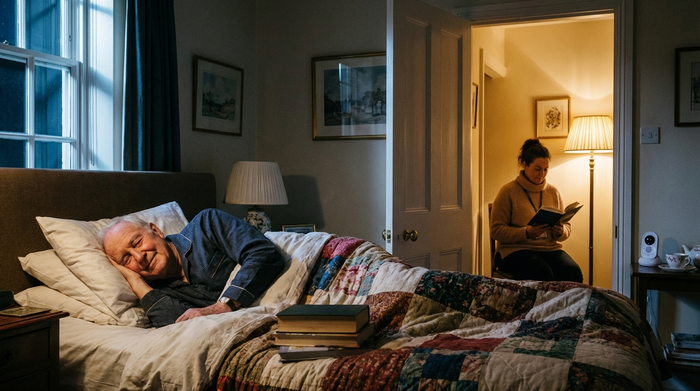 Ein friedlich schlafender Senior in einem komfortablen Bett, während im angrenzenden, leicht beleuchteten Flur eine Betreuungskraft leise ein Buch liest und in Rufbereitschaft ist. Ruhige, sichere Atmosphäre.