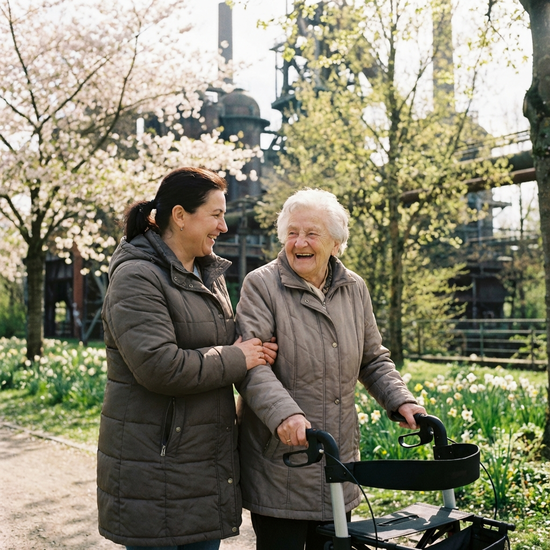 Eine herzliche osteuropäische Betreuungskraft hilft einer älteren Dame beim Spaziergang durch einen grünen Park in Duisburg. Die Seniorin stützt sich auf einen Rollator, beide lachen und genießen das sonnige Frühlingswetter.