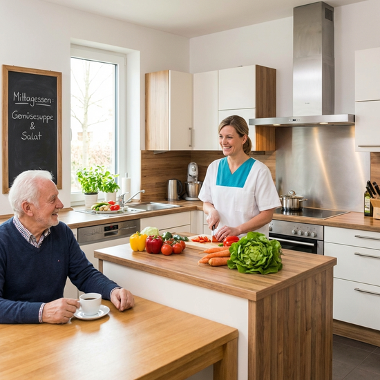 Eine Pflegekraft bereitet in einer sauberen, modernen Küche frisches Gemüse für das Mittagessen vor, während der Senior am Küchentisch sitzt und zuschaut.