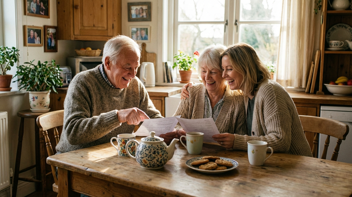 Ein älteres Ehepaar sitzt mit seiner erwachsenen Tochter am Küchentisch und schaut sich gemeinsam Dokumente an. Die Stimmung ist erleichtert und positiv. Eine Tasse Tee steht auf dem Holztisch.