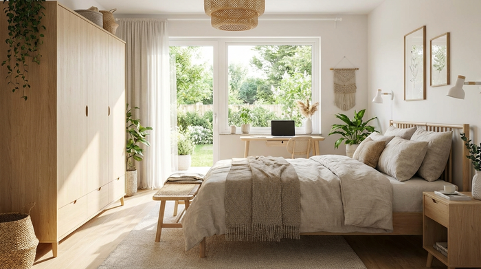 Ein helles, freundlich eingerichtetes Gästezimmer mit einem bequemen Bett, einem Kleiderschrank und einem kleinen Schreibtisch am Fenster. Auf dem Schreibtisch steht ein Laptop.