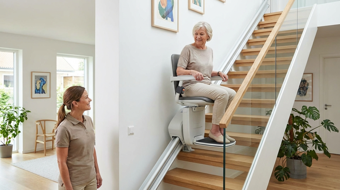 Ein moderner, unauffälliger Treppenlift in einem gepflegten Einfamilienhaus. Eine ältere Dame fährt sicher und entspannt die Treppe hinauf, während die Pflegekraft unten lächelnd zuschaut.