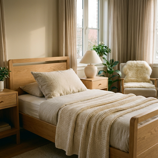 Ein modernes, wohnliches Pflegebett aus hellem Holz in einem gemütlichen Schlafzimmer. Ein weiches Kissen und eine saubere Decke liegen darauf. Die Umgebung ist aufgeräumt und strahlt Ruhe aus, keine medizinische Krankenhausatmosphäre, ohne Text.